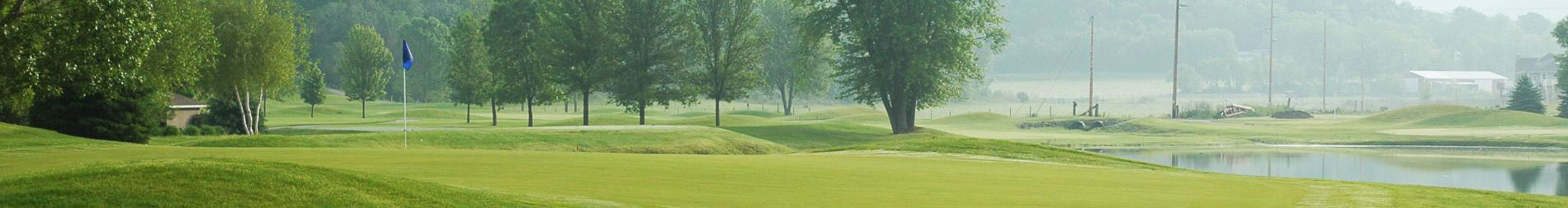 A tranquil golf course scene with a lush green putting green and misty background.